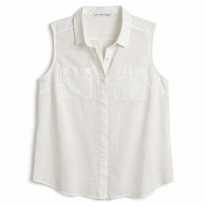 Trina Turk White Size L/XL Sleeveless Cotton/Silk Shirt Top Dual Pockets